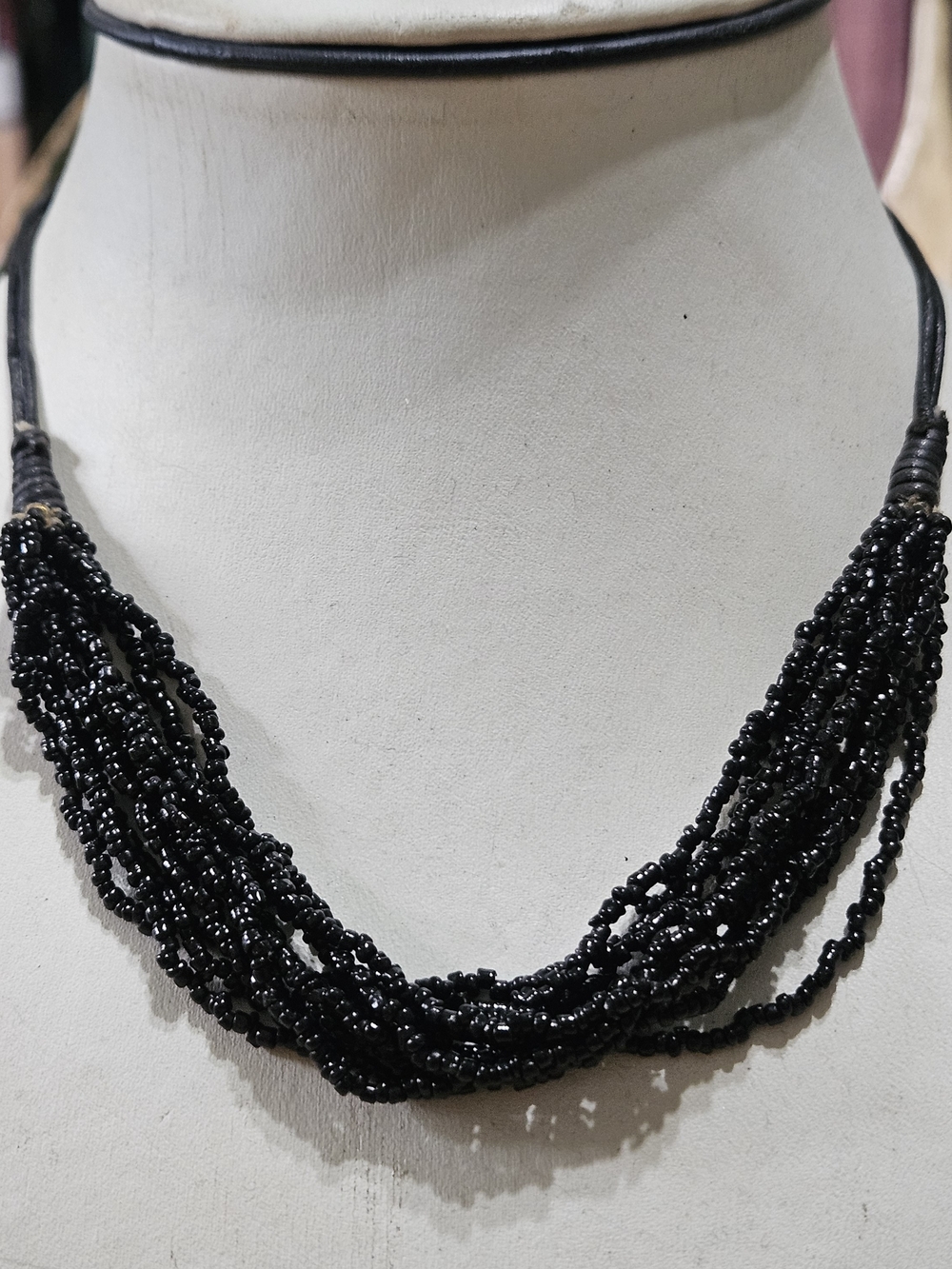 Black Leather Banded Multi-Strand Beaded Necklace